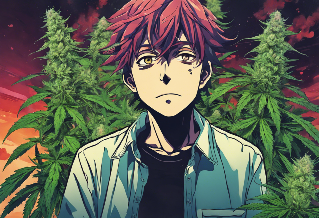 anxious anime man with cannabis plants in background