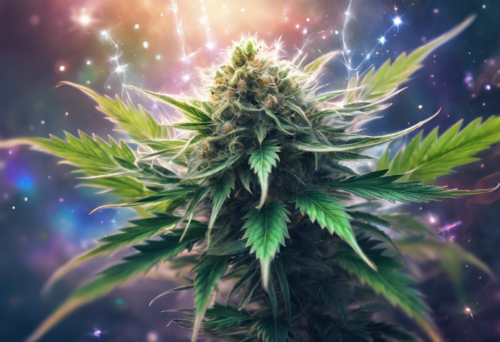 cannabis plant with sparkling trichomes, space background