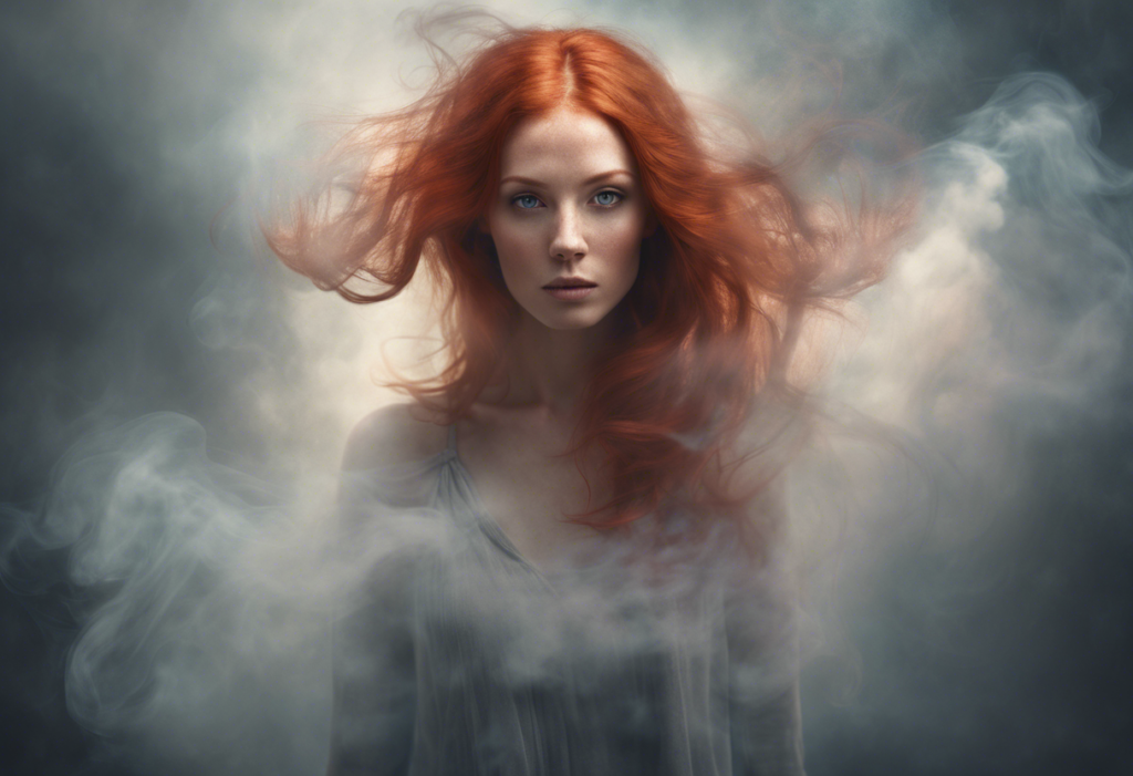 red-haired woman in vapor cloud